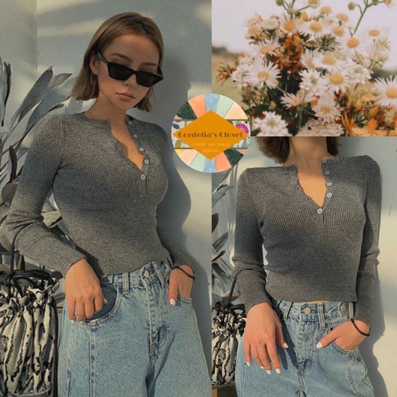 Authentic Original Vintage Style Tops - ❌SOLD!❌ Y2K 90s VTG Ribbed Button Down Grey Crop Top size Small